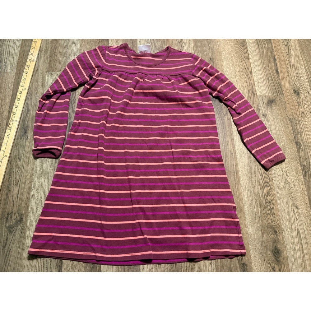 Hanna Andersson Dress Girls Size 140 Purple Striped Long Sleeve Cotton A-Line